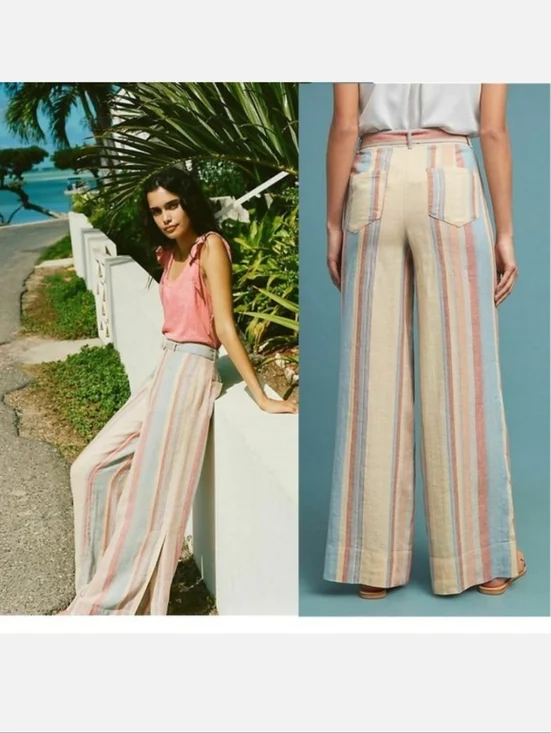 NWT Anthropologie Beachy Wide-Leg Pants w Belt Size 4 Yellow Blue Linen Pockets - Picture 6 of 16